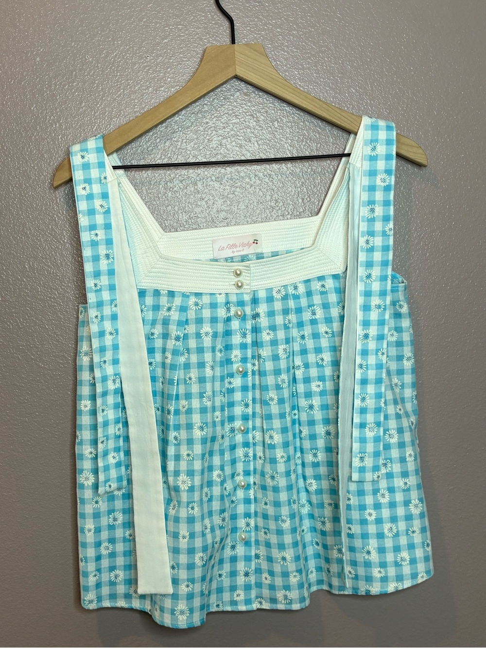 La Petite Violet Blue Gingham Daisy Button Tank